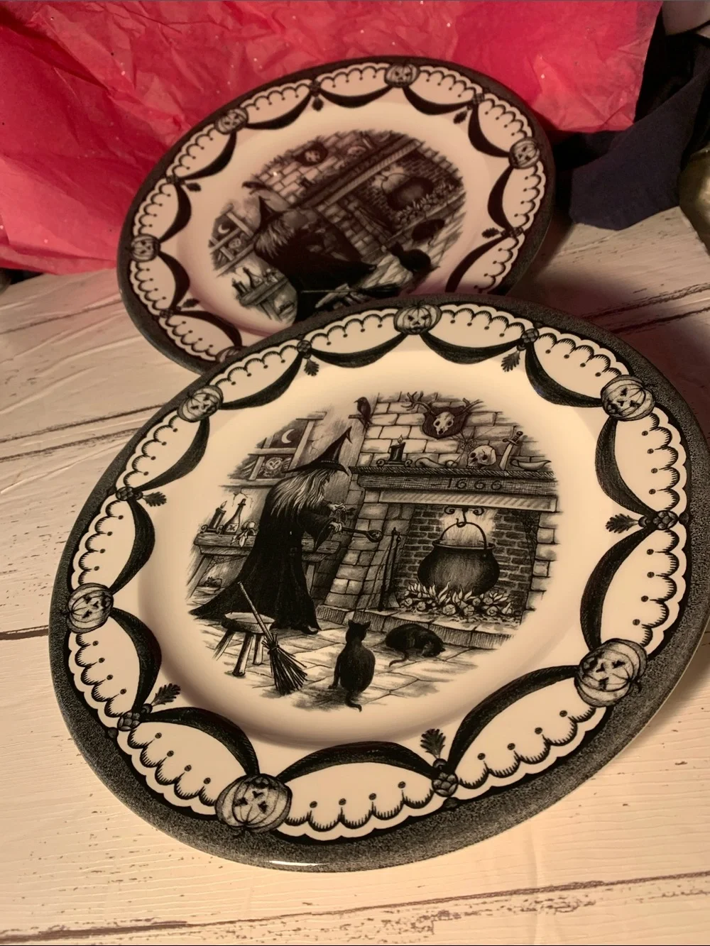 2-Royal Stafford UK Black and White Decorative Witch Fireplace1 0.75” Plates